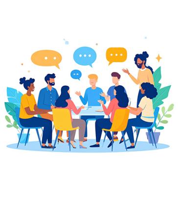 group of people in a discussion and gathered around a table