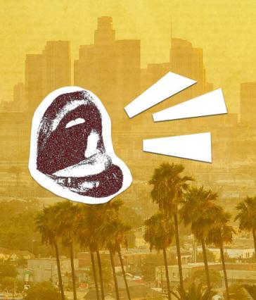 A speaker's mouth superimposed over the Los Angeles skyline