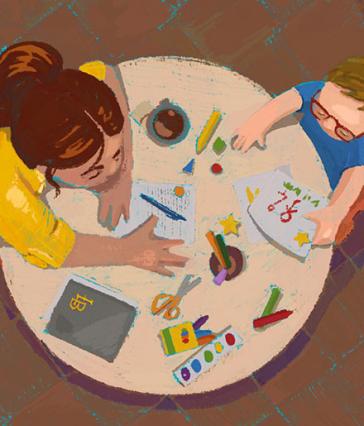  Illustration of a school psychologist, left, working with a young student