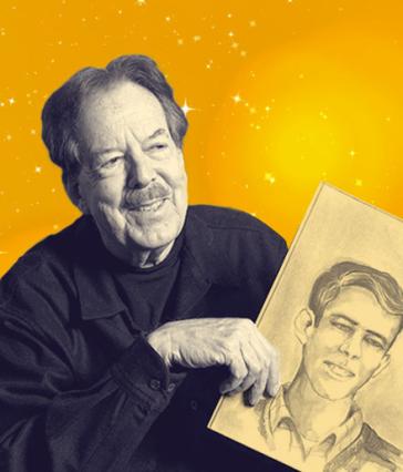 A person sits holding a pencil portrait of himself as a young man.