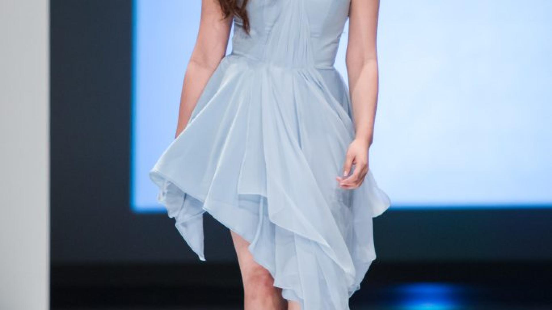 Sara Norrman’s draping design featured slanted layers of blue chiffon that caught the judges’ eye at 2017 Campus Couture Fashion Show.