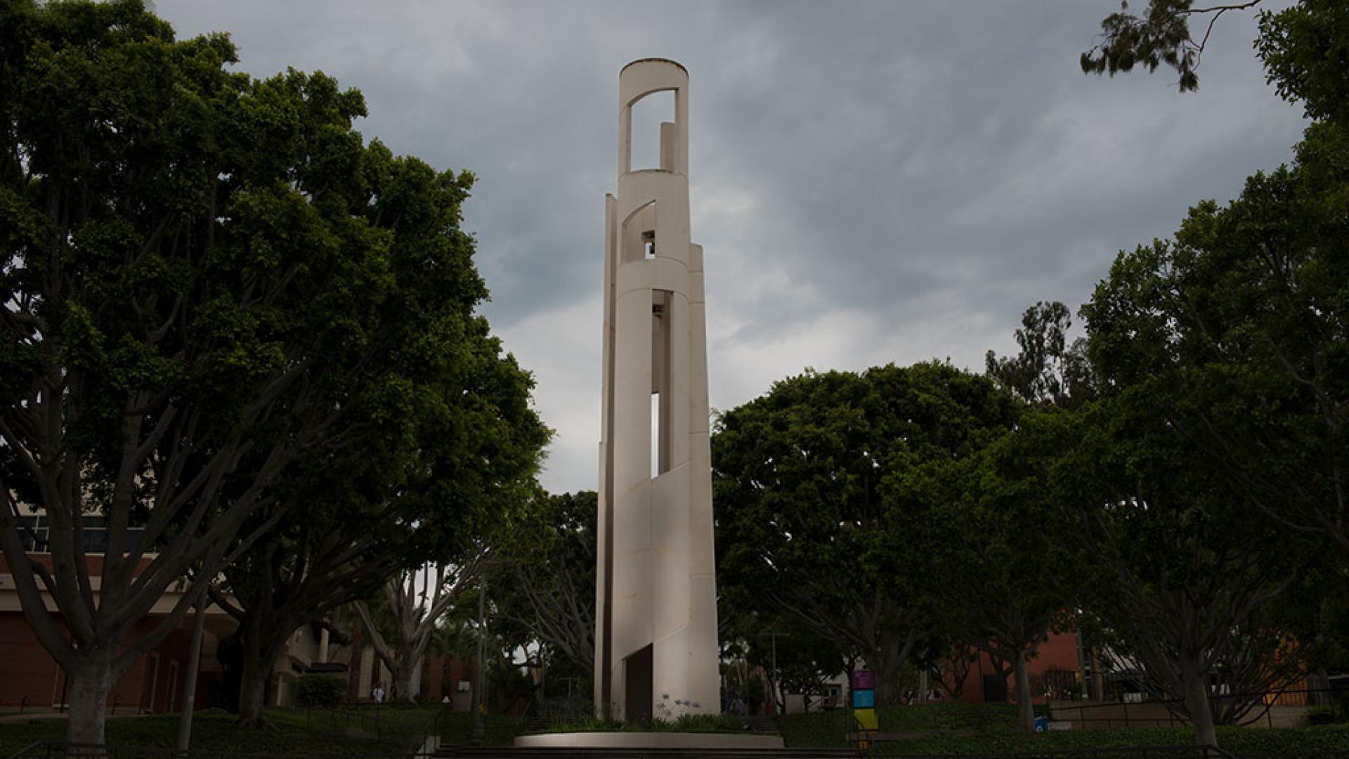 Andre Bloc, Carlson/Bloc Tower (designed in 1965, built in 1972);  Concrete and paint 780 x 180 x 180 inches.  “I asked the Symposium committee to allow me to play the role of an architectural sculptor. This slender tower will function as a signal, as a landmark,” Bloc explained. The only piece not constructed during the symposium, the tower was completed in 1972, six years after his death