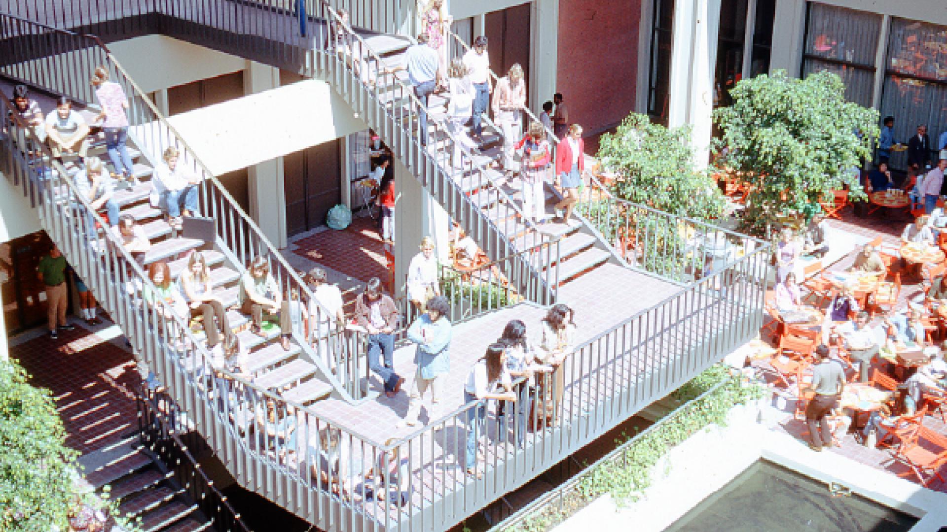 USU center courtyard with students in the 1970's