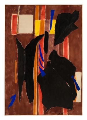 Stretched Yellow, a 1955 oil with collaged paper on canvas by Lee Krasner Stretched Yellow, a 1955 oil with collaged paper on canvas by Lee Krasner