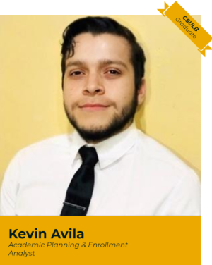 Portrait of Kevin Avila with yellow banner underneath and small yellow banner in top right corner