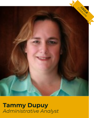 Portrait of Tammy Dupuy with yellow banner underneath and small yellow banner in top right corner