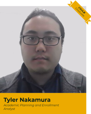 Portrait of Tyler Nakamura with yellow banner underneath and small yellow banner in top right corner