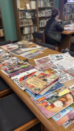 Magazines used in the making of zines in the library's Special Collections and University Archives room Magazines used in the making of zines in the library's Special Collections and University Archives room