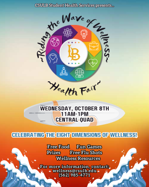 ride the wave of wellness health fair with graphics about wellness, surfboard, and waves