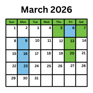 A calendar with March 2026 on the top
