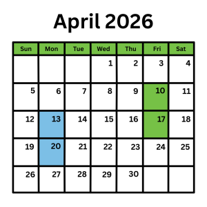 A calendar with April 2026 dates