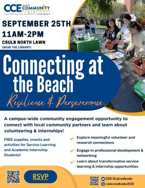 Whie flyer that reads Connecting at the Beach with the event details and information, including the time, date, and location along with a photo of three students on the right.