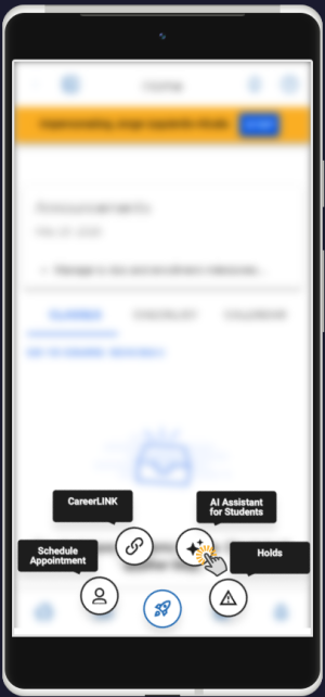 Screenshot of the Home page on the Beach Connect App with the rocket menu popped out and a pointed cursor is clicking Student AI Assistant 
