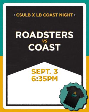CSULB x LB Coast Night event poster with teal and gold border on white and black color block background