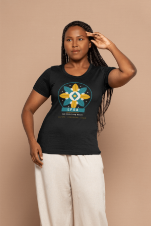 Woman with braided hair wearing black t-shirt with design.