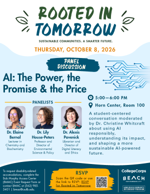 A flyer with a blue background and text reading rooted in tomorrow 