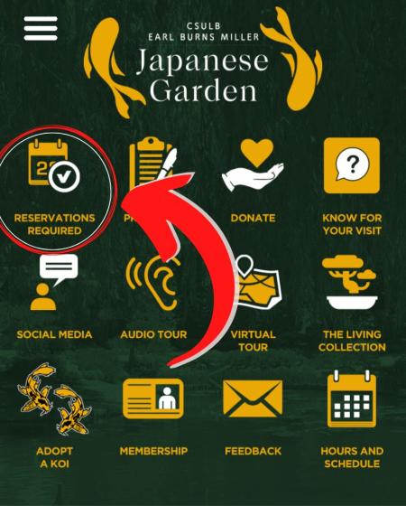 front page of the Japanese Garden mobile app with a red arrow pointing to a menu item labeled "Reservations required" in the top left corner of the screen, below the app's title image.