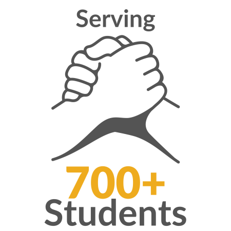 Picture of shaking hands with text, "Serving 1200+ students"