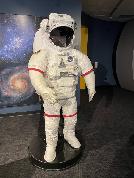 Space Suit A space suit worn in space on display in a museum.
