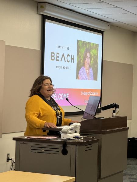 Anna Ortiz speaks at Day at The Beach.