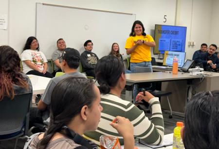 Nancy de Haro speaks to prospective students.