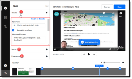 In Quiz Editor, there will be options that allow editors to adjust the details of the quiz, scores, and experience on the left side.