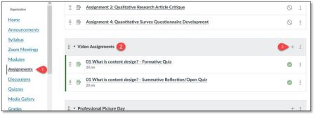 Canvas Assignments tab with a module on video assignments and how to add them using the plus icon on the right side