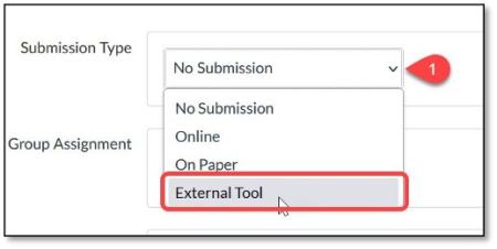 Dropdown menu with the options of no submission, online, on paper, external tool