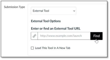External tool option is selected as the submission type. Link can be entered in the box to find the External Tool URL