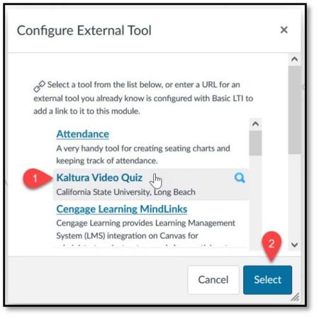 Configure External Tool menu with multiple options. Cursor is over Kaltura Video Quiz.