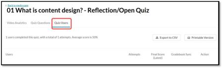 Individual question screen. Question listed at the top left of screen with options of Video Analytics, Quiz Questions and Quiz Users underneath. Quiz Users is circled in red.