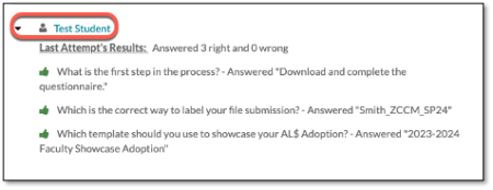 Test student in blue text is circled in red with the questions they answered correctly