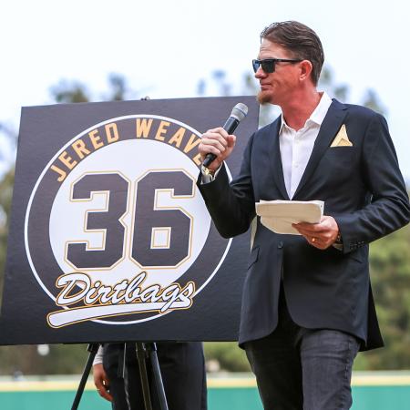 Jered Weaver at a ceremony for the retirement of his Dirtbags jersey Jered Weaver at a ceremony for the retirement of his Dirtbags jersey