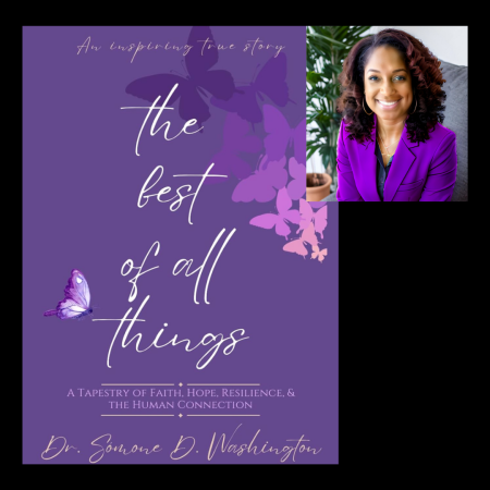Simone Washington with her book, "The Best of All Things" Purple book cover with butterflies, titled "The Best of All Things" by Somone D. Washington, with a photo of the author in a purple blazer smiling.