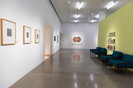 Installation view of the exhibition Inner Vision: Abstraction and Cognition with artwork by Dennis Koch and reading materials