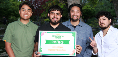 A group of students holding a sign for first place in engineering and technology