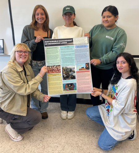 Students holding a poster with the title sustainable management of indigenous lands