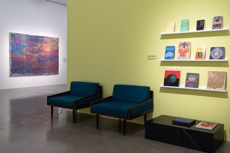 Installation view of the exhibition Inner Vision: Abstraction and Cognition with artwork by Rema Ghuloum and reading materials