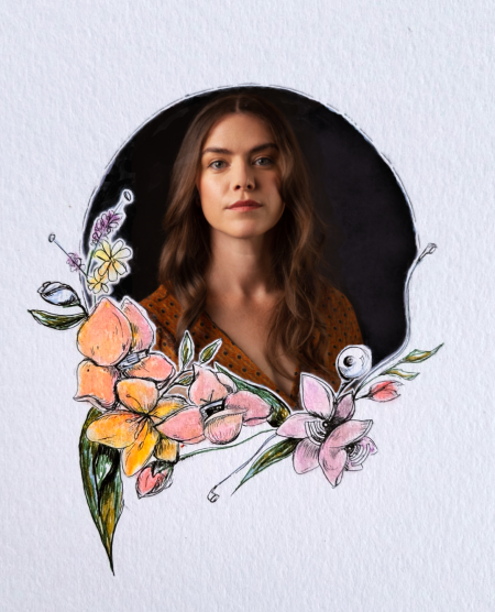 picture of woman's head surrounded by drawn orchids