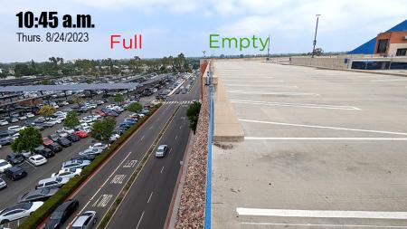 A full surface parking lot and an empty parking structure floor