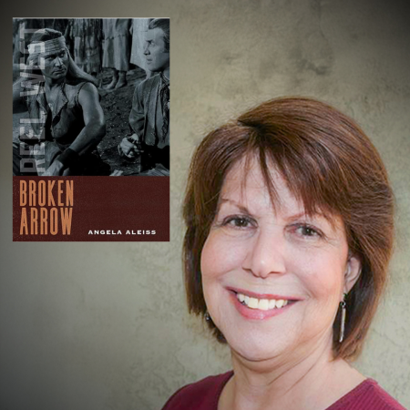Angela Aneiss with book Author with cover of book Broken Arrow