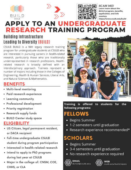 Flyer of BUILD Research Training Program containing eligibility, benefits, and description of the pgrogram