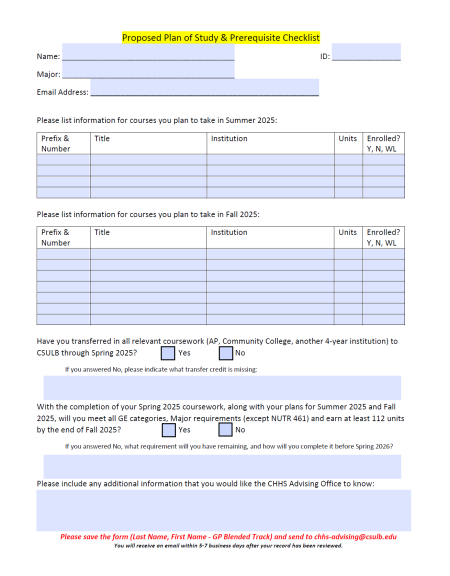 Advising form to fill out with academic advising