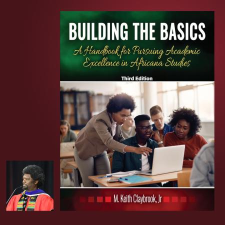 he image shows the cover of “Building the Basics” next to a person speaking at a podium in academic regalia.
