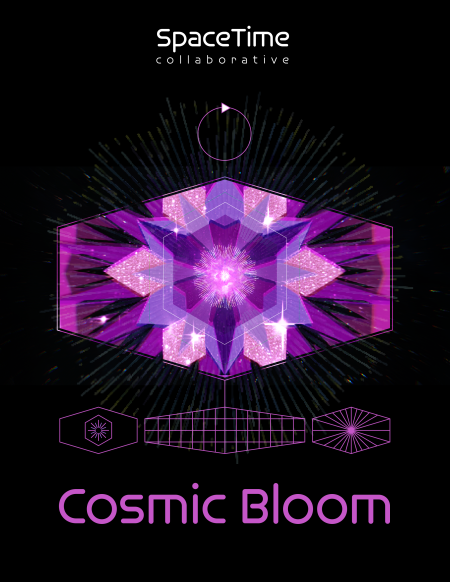An abstract design in multicolored purple hues radiates from the center of a black background with the words Cosmic Bloom underneath.
