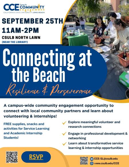 Whie flyer that reads Connecting at the Beach with the event details and information, including the time, date, and location along with a photo of three students on the right.