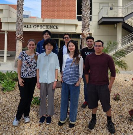 Photo of Dr. Gu and Students posed infront of Hall of Science building