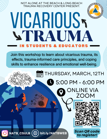 Vicarious trauma in students and educators workshop. Register through the link or scanning the QR code.