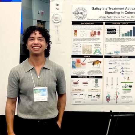 A person stands in front of a research poster at an academic conference