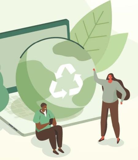 a green planet on a laptop and two people sitting on the laptop